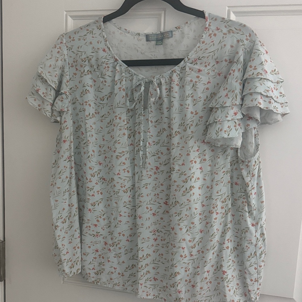 GOOD LUCK GEM  Pale Blue Floral Tie-Front Ruffle Sleeve Top